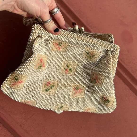 Vintage 1950’s Lumured Corde Petite Beaded Evening Purse IvoryFloral Embroidered - Picture 4 of 6